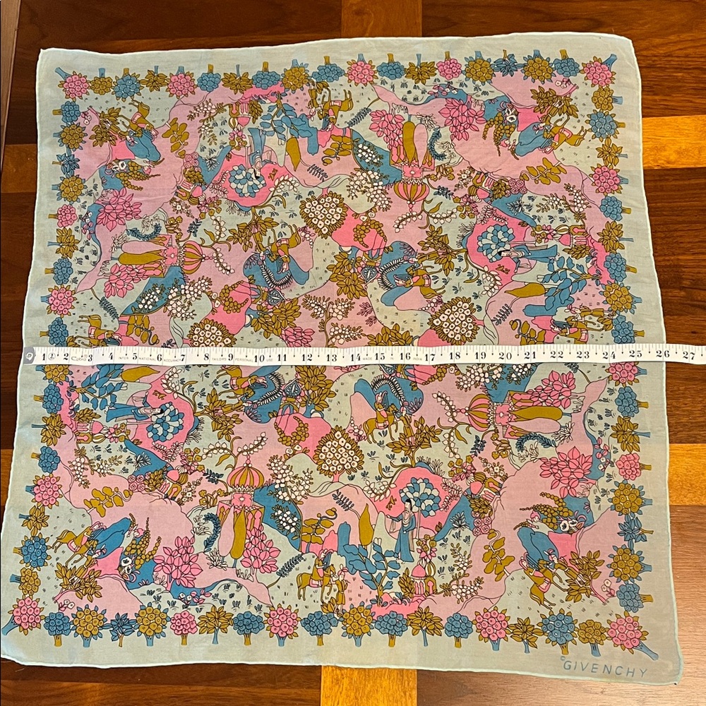 Givenchy Pink, Blue & Gold Horse Motif Silk Scarf, vintage, silk